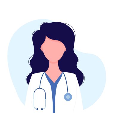 Uzun dalgalı saçlı bir doktor bir fikri parmağıyla ya da uyarısıyla gösterir. Konsept - doktor, sağlık hizmeti. Çizgi film tarzında vektör illüstrasyonu.