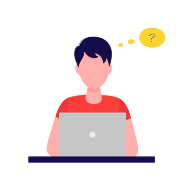 Dizüstü bilgisayarda çalışan ve bir sorunu nasıl çözeceğini düşünen genç bir adam. Düz bir şekilde vektör illüstrasyonu. Beyaz arkaplanda izole.