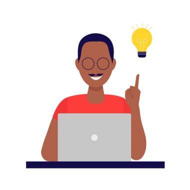 Dizüstü bilgisayarla çalışan bıyıklı bir adam bir sorunu nasıl çözeceğini buldu. İş anlayışı, yaratıcı düşünce, ilham. Vektör illüstrasyonu.