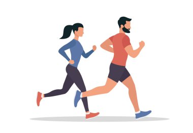 Koşan adam ve kadın. Spor, sağlıklı yaşam tarzı, kilo kaybı. Düz stil. Beyaz bir arkaplanda izole edilmiş.