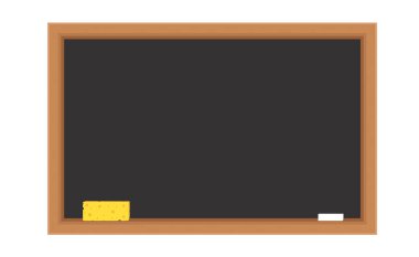 Ahşap çerçeveli siyah karatahta. Tebeşir ve sünger taşıyıcı resimli tebeşir tahtası düz bir şekilde. beyaz arkaplanda izole.