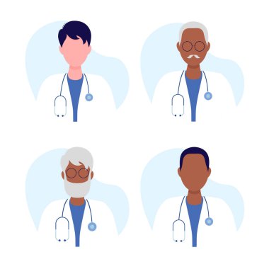 Farklı saç stilleri olan bir grup kıdemli erkek doktor. Düz bir şekilde vektör illüstrasyonu. Beyaz arkaplanda izole