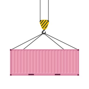 Vinç kancasına asılı pembe kargo konteynırı. Turna kancası. Beyaz arkaplanda izole edilmiş vektör illüstrasyonu.