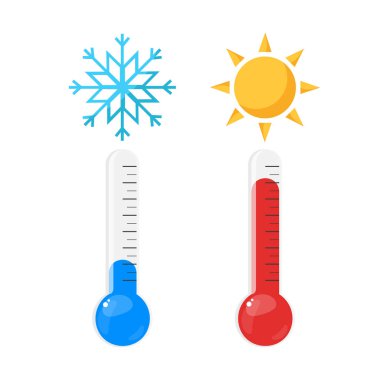 Sıcak ve soğuk termometreleri güneş ve kar sembolleriyle yönlendir. Celsius ve Fahrenheit. Düz biçimli vektör illüstrasyonu.