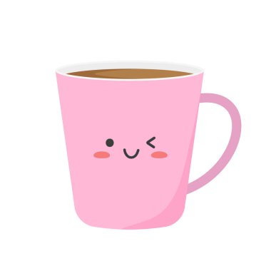 Gülümseyen sevimli, komik Kawaii kahvesi. Pembe kawaii bardağı emojisi. Beyaz bir arka planda izole edilmiş. Çizgi film tarzında vektör illüstrasyonu.