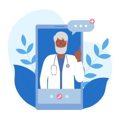 Cep telefonu ya da başvuru formu kullanan bir doktora danışıyorum. Çizgi film tarzında vektör illüstrasyonu. Korunma ve ilaç kavramı.