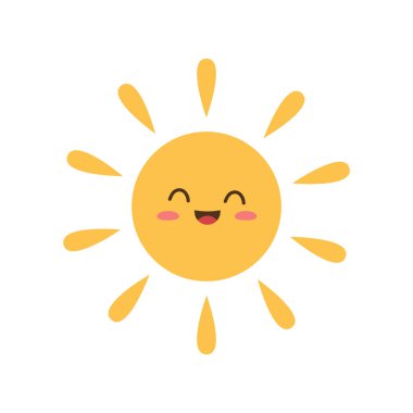 Kawaii tarzında güneş ikonu. Beyaz bir arkaplanda izole edilmiş.