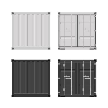 İki tarafta da siyah ve beyaz taşıyıcı yük konteynırı kapıları var. Vektör çizimi. Beyaz arkaplanda izole.