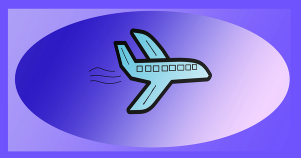 Mor ve mavi renkli arka planı olan stilize edilmiş bir uçak çizimi. Tasarım, hız ve seyahat hissi veren, hareket çizgileri olan çizgi film benzeri bir düzleme sahiptir. Havacılık teması, seyahat ve ulaşım görselleri için mükemmel.