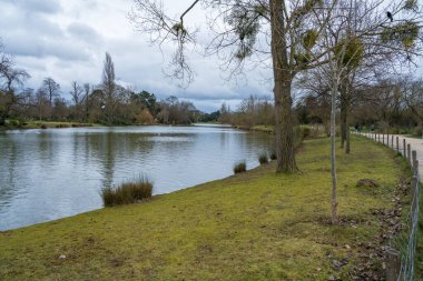 Huzurlu bir göl, bulutlu gökyüzünü yansıtır. Ziyaretçiler, sakin bir park manzarasında ağaçlar ve yemyeşil çimlerle çevrili yol boyunca sakin bir şekilde yürürler..