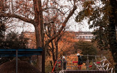 Two workers are engaged in maintenance tasks on scaffolding in a city park surrounded by trees displaying vibrant autumn colors. The setting reflects the seasonal change. clipart