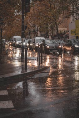 Paris, Fransa-19.2024 Arabaları yağmurlu bir akşamda yoğun bir caddede yol alırken, farları ıslak kaldırımdan yansıyor. Ağaçlar yol boyunca uzanır, manzaranın kentsel atmosferine eklenir..