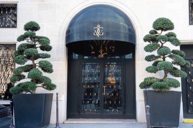 Paris. Fransa-02.02.2025 sersemletici kapı girişi. Sofistike bir girişi çevreleyen ağaçlarla süslenmiş. Süslü tasarım içindeki zenginliği ima eder..