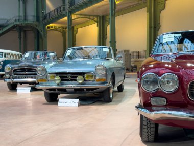 Paris, Fransa-04.02.2025 Klasik otomobiller geniş bir sergi salonunda dizilmiş, hafif ışıklandırma altında tasarım ve zanaatkarlıklarını ön plana çıkararak nostaljik bir atmosfer yarattılar..