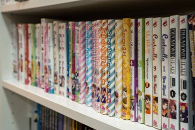 Paris, Fransa-23.11.2024 Çok çeşitli manga ciltleri rafları dolduruyor, canlı kapaklar ve çeşitli türler sergiliyor, okuyucuları macera ve yaratıcılık dünyasına davet ediyor.