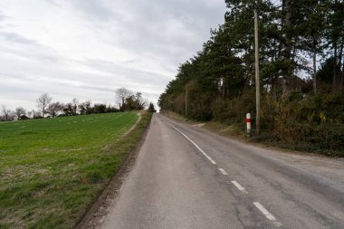 Bereketli yeşil tarlalar ve ağaçlarla çevrili, huzurlu bir kırsal yol uzaklığa uzanıyor. Bulutlu gökyüzü Fransa 'nın bu güzel manzarasına huzur katıyor..