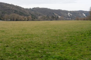Geniş, yemyeşil manzaralar yumuşak, gri bir gökyüzünün altında uzanır, La Roche-Guyon 'un büyüleyici komünü olarak tanımlanan sakin tepelere karşı kurulur..