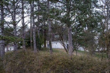 La Roche-Guyon 'un göbeğinde, bulutlu bir sonbahar gökyüzünün altında yükselen çam ağaçlarıyla harmanlanan tuhaf bir beyaz ev, sakin bir atmosferi çağrıştırıyor..