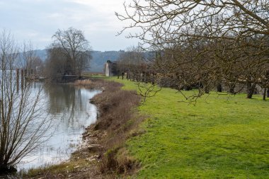 La Roche-Guyon yakınlarında huzurlu bir nehir manzarası sergilenir. Yeşillikler yemyeşil olur, yumuşak sular akar ve çıplak ağaçlar bir bahar gününün dinginliğini somutlaştırır..