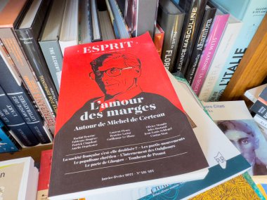 Villennes-sur-Seine, France-12-03-2025 Vibrant dergisi kapağı çeşitli kitaplarla dolu bir rafta duruyor, derin toplumsal temalar ve edebi tartışmaların araştırılmasını teşvik ediyor..
