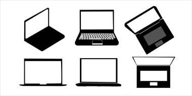 Çeşitli Açılar ve Minimalist Biçimlerde Siyah Laptop Siluetleri Simgeleri