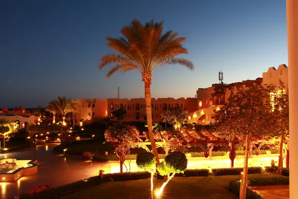 Akşamın erken saatlerinde tatil köyü manzarası. Gökyüzü koyu mavi ve geleneksel otel binaları sıcak sarı bir ışıkla aydınlanıyor. Ön planda duran uzun bir palmiye ağacı.