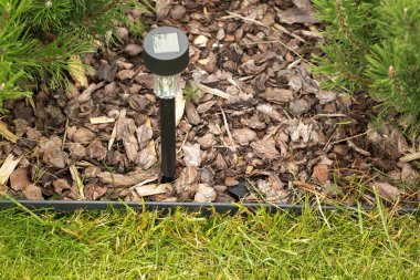 Çiçek tarlasına konmuş, ağaç kabuğuyla kaplı bir güneş bahçesi ışığının yakın çekimi. Işığın her iki tarafında kozalaklı çalılar yetişir. Resim bir peyzaj tasarımı elementini gösteriyor.