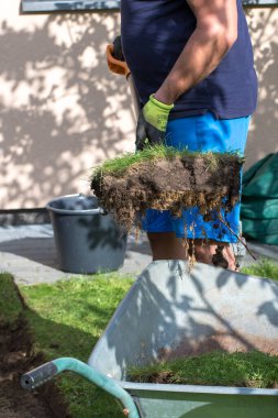 Fotoğrafta çimenlik ve toprakla bir parça çimenliği el arabasına boşaltan bir adam görülüyor. Adam koyu renk tişört, mavi şort ve iş eldiveni giyiyor..