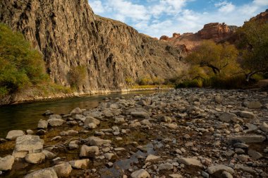 Dağ nehri kayalık kıyılarla dolu bir vadide