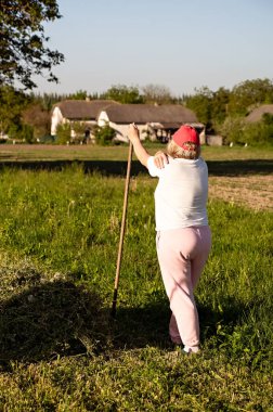 Kadın çiftçi tarlada saman toplarken tırmığa yaslanıyor, dikiz aynasından.