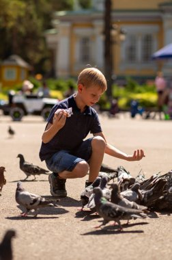 Şehir parkında güvercinleri besleyen şirin bir çocuk. Seçici odak.