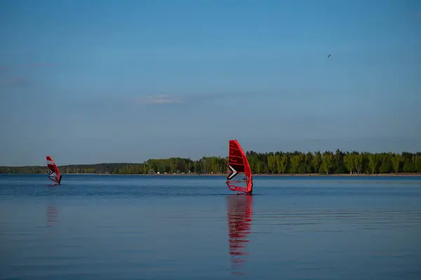 Bir rüzgar sörfçüsü büyük bir gölde yelkenliyle süzülüyor, suyun üzerinde süzülüyor..