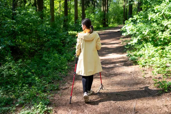 Güneşli bir günde orman yolunda yürüyen bir kadının arkadan görünüşü, doğada sırıklarla yürüme alıştırması yapıyor.