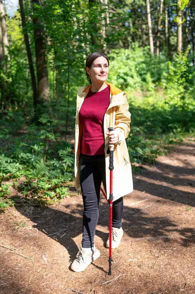 Genç bir kadın güneşli bir ormanda yürüyor, direkle İskandinav yürüyüşü yapıyor.