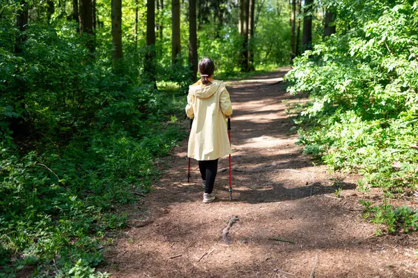 Güneşli bir günde orman yolunda yürüyen bir kadının arkadan görünüşü, doğada sırıklarla yürüme alıştırması yapıyor.