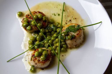 Yeşil bezelye soslu deniz tarağı.