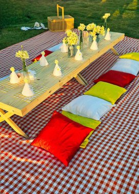 Outdoor picnic with a wooden table adorned with arrangements of white daisies and decorative paper cones, surrounded by colorful pillows on a red and white checkered blanket. clipart