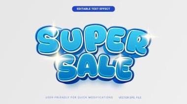 Terfi ve İndirimler İçin Süper İndirim 3B Metin Efekti Kalın ve Parlak Mavi Düzenlenebilir Vektör Tipografisi