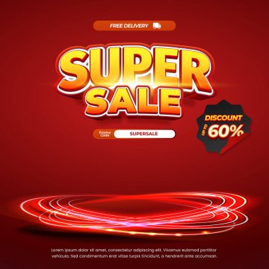 Stunning Super Sale Banner with 3D Typography and Glowing Red Neon Light Effects clipart