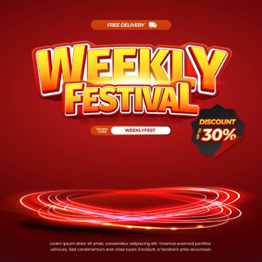 Weekly Festival Shopping Event Promotion with Neon Glowing Red Typography and Discounts clipart