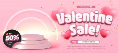 Valentine Sale Pink Promotional Banner with Floating Hearts and Discount Offer clipart