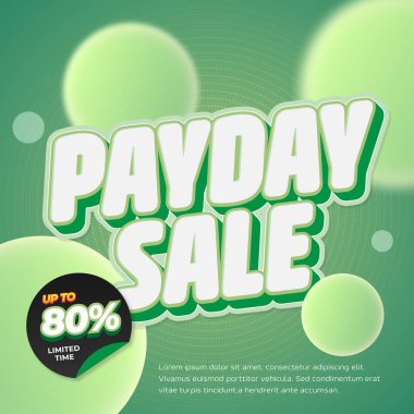 3D Yeşil Tipografi ve Yüzen Soyut Elementlerle Ücret Satışı Destekleyici Bayrağı