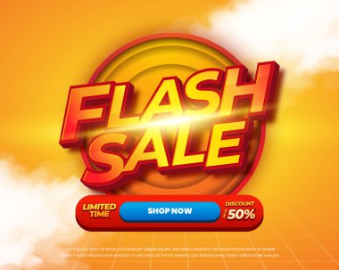 Çevrimiçi Alışveriş İndirimleri için Turuncu ve Kırmızı Patlama Arkaplanlı Parlak Flash Satışı 3D Metin Tasarımı