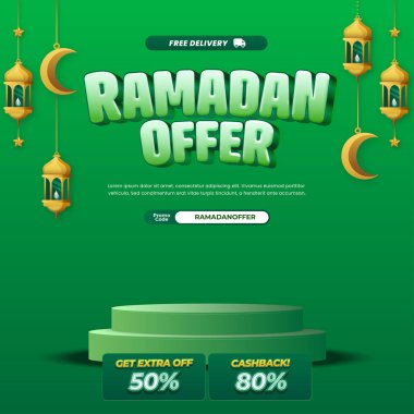 Ramazan İndirimli Alışveriş Festivali Promosyon Metin Efekti Typography, Showcase Podium ve Zarif Yeşil Arkaplan