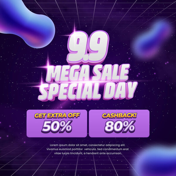 Скидочный баннер Mega Sale Deal с темно-фиолетовым футуристическим фоном галактики, эффектом таблицы и световыми эффектами