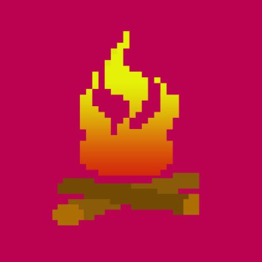 Ateş alevi. Vektör. Yumuşak kırmızı çizgili arkaplanda sarı simge.