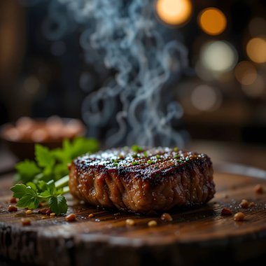 Ahşap bir masada baharatlı ve otlu ızgara biftek.
