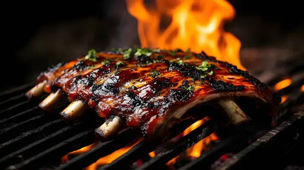 Izgarada baharatlı leziz et, yakın plan.
