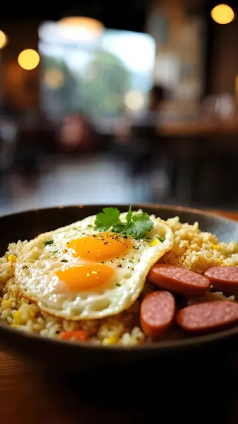 Kızarmış pirinç, kızarmış yumurta, kızarmış sosis ve sebze..