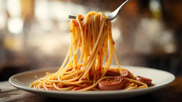 Sosisli makarna ve beyaz tabakta pastırma.